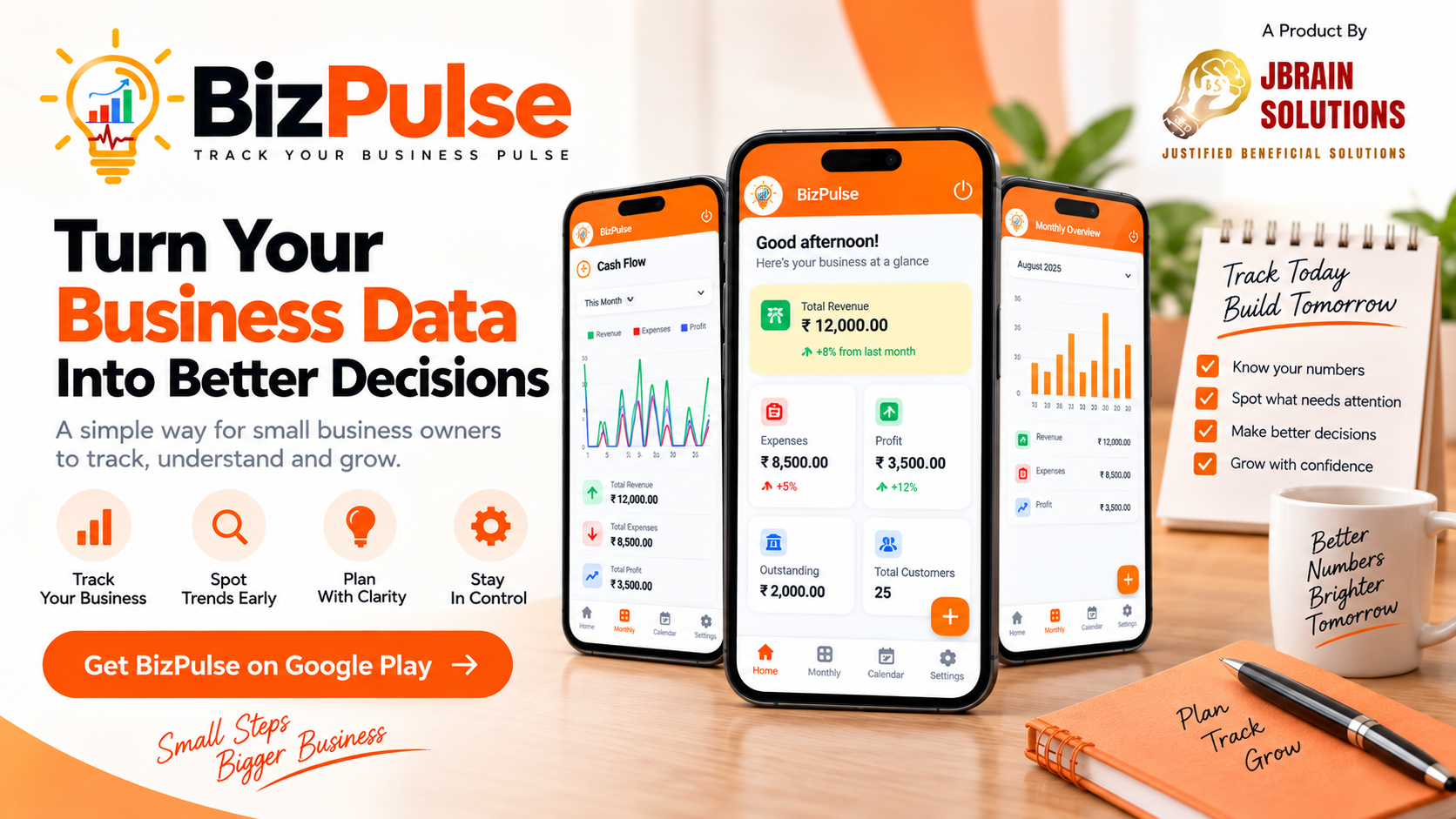 BizPulse app dashboard and business tracking screens