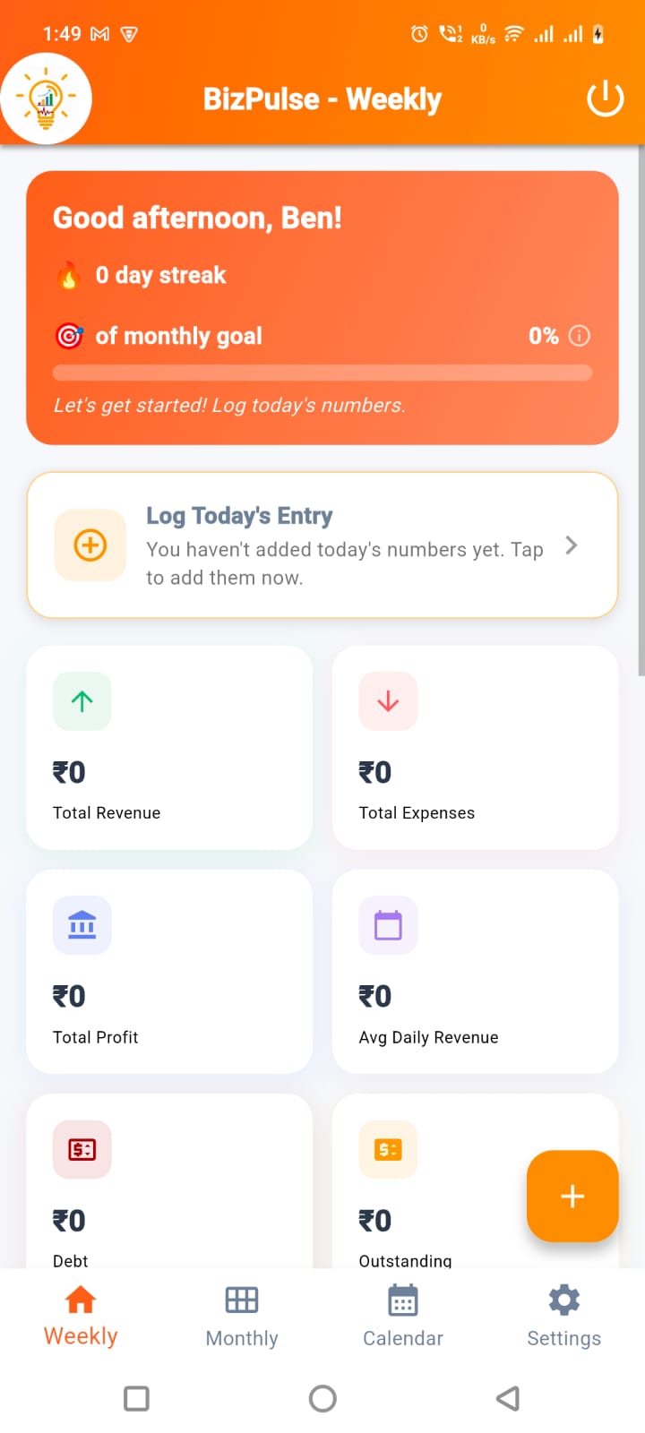 BizPulse home dashboard showing business summary